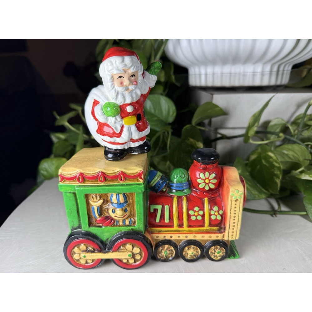Vintage Santa Christmas Train Music Box Spinning Santa Mechanical Holiday Figure